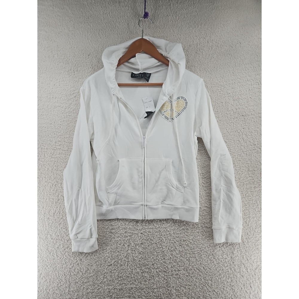 Finity Classic Women White Zip Up Hoodie L Vintage Y2K 1990's New With Tags